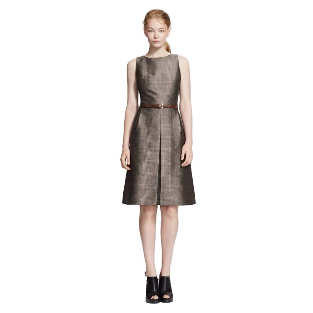 Michael Kors Brown Gray Glen Plaid Inverted Pleat Sleeveless Belted ALine Dress